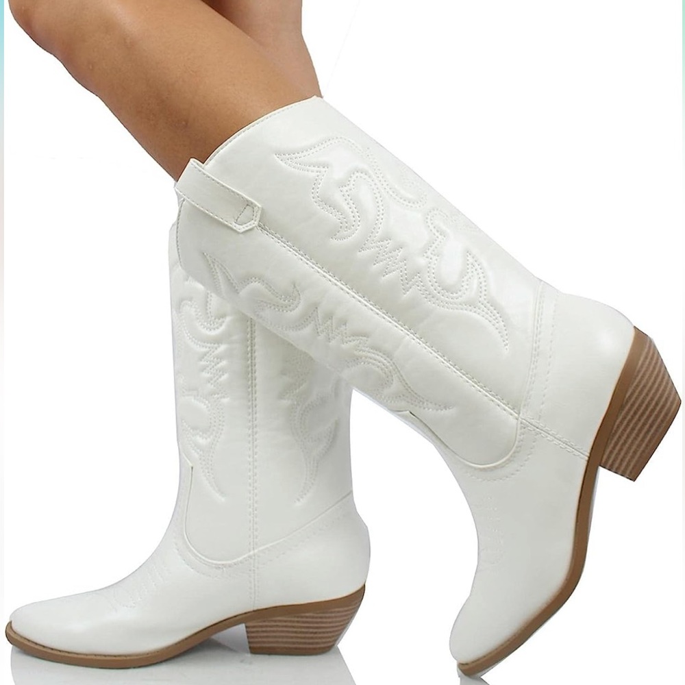 White Soda Reno Women Western Cowboy Pointed Toe Knee High Pull On Tabs Boots